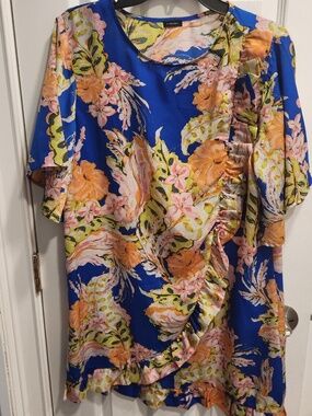 Zingara Blue Floral Dress / Cover Up Sz Med Asymmetric Front Ruffle Bell Sleeves